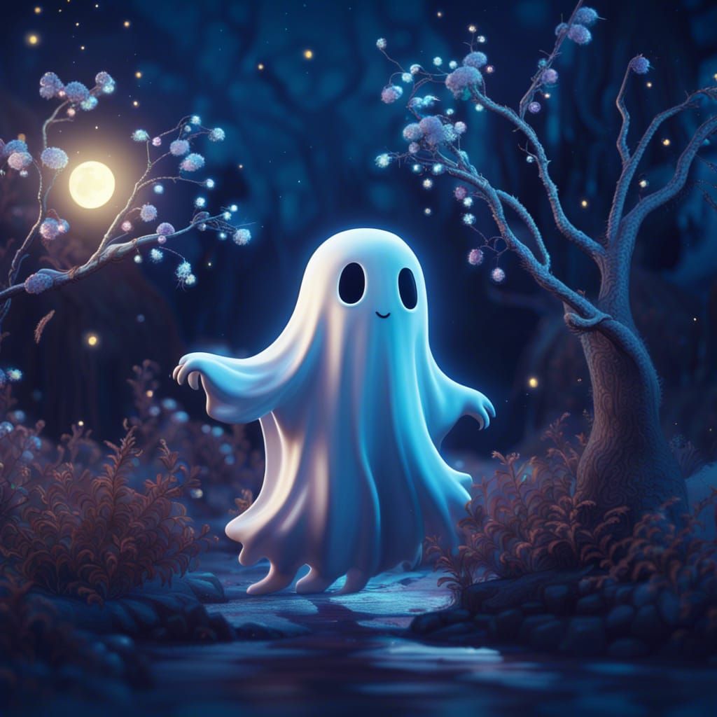 Cute Ghost Dancing Under Moonlight: Fantasy Art