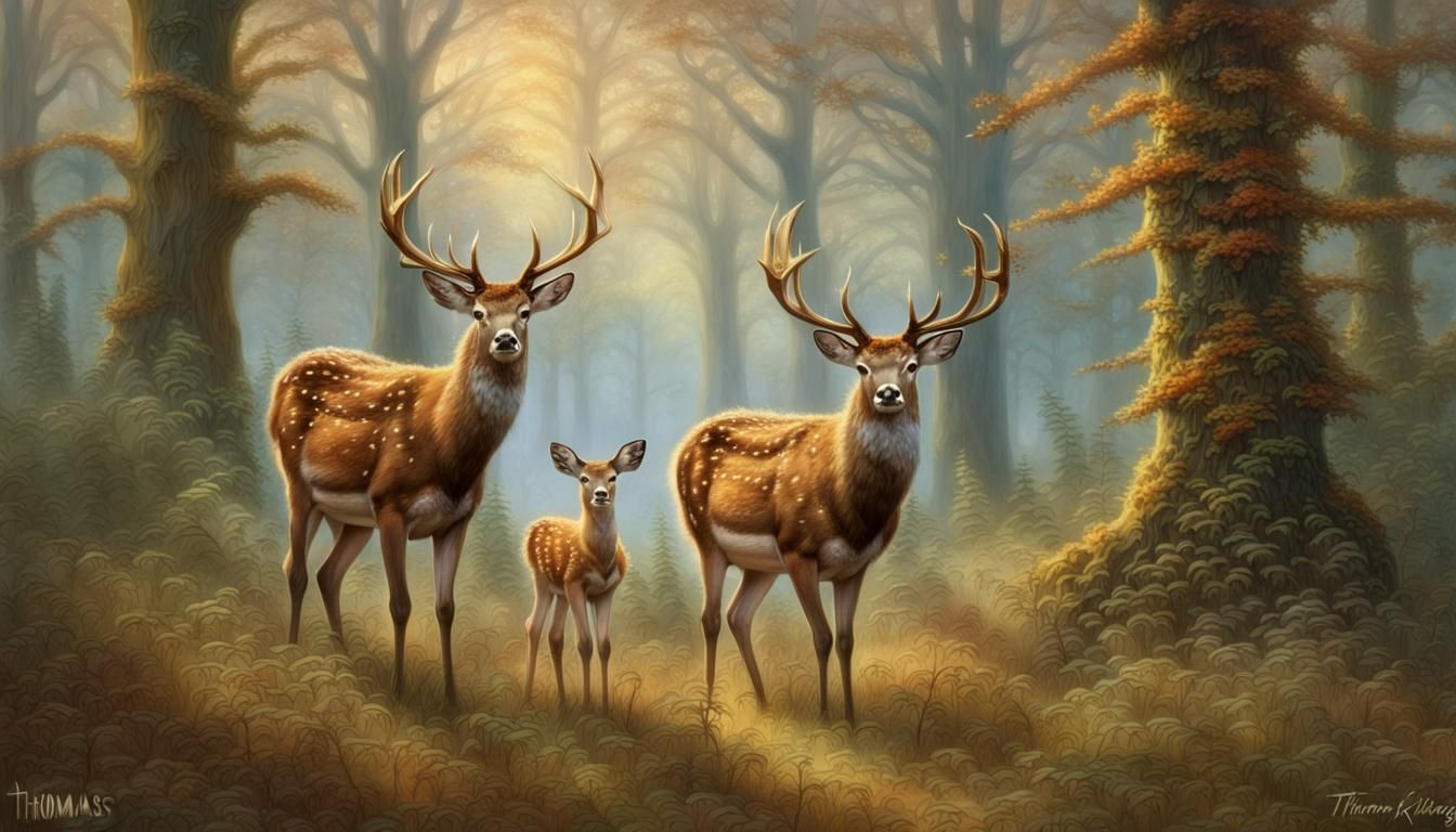 Doe and fawn with pregnant doe ethereal fantasy hyperdetailed mist Thomas Kinka...