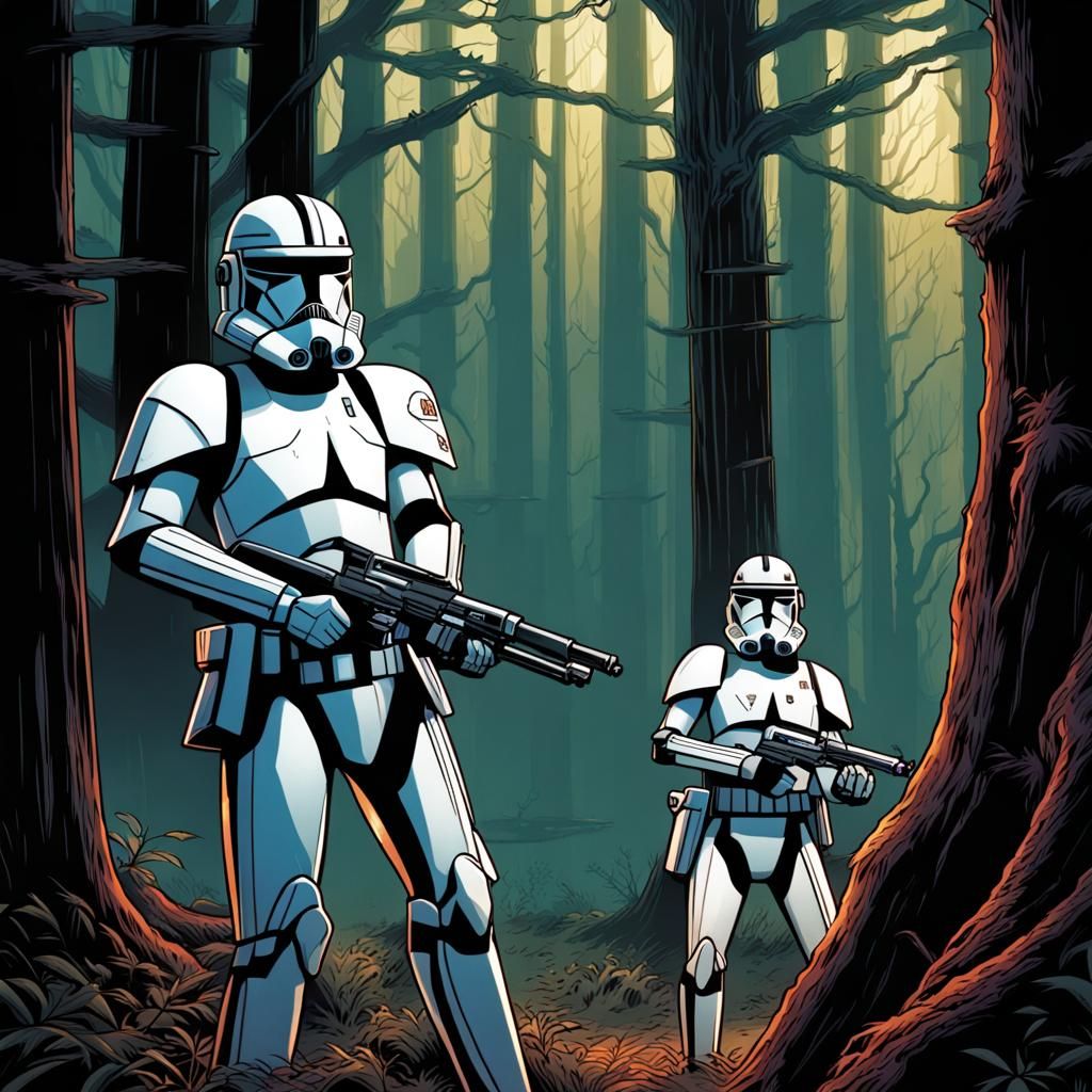 Clone Troopers in Spooky Forest: Comic Book Art