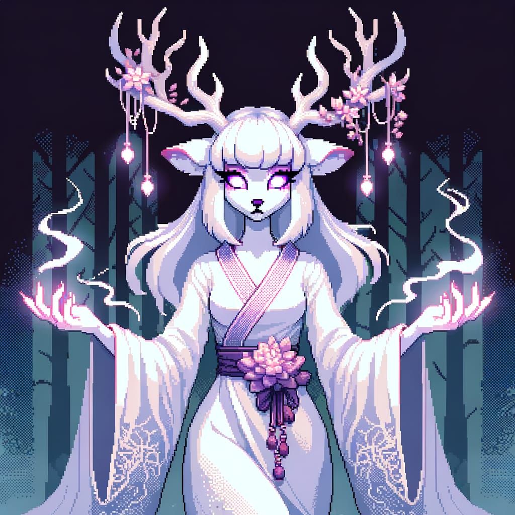 Pixel Art of Enchanted Albino Deer in Mystic Forest