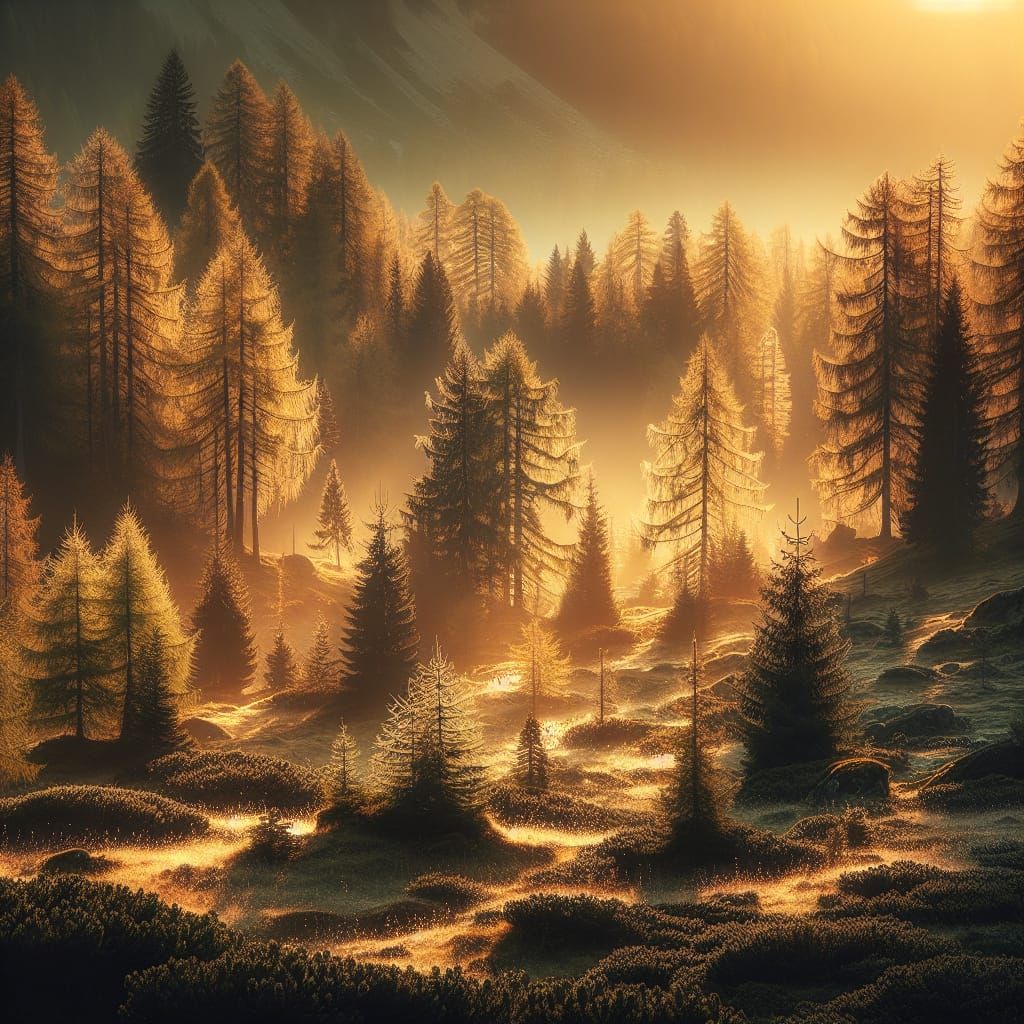 Alpine Forest at Dawn Bathed in Golden Light