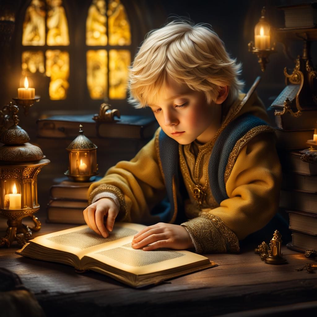 Boy Reading in Fantasy World, Digital Illustration