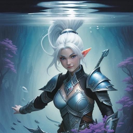 Elf Warrior Underwater in Detailed Watercolor Art