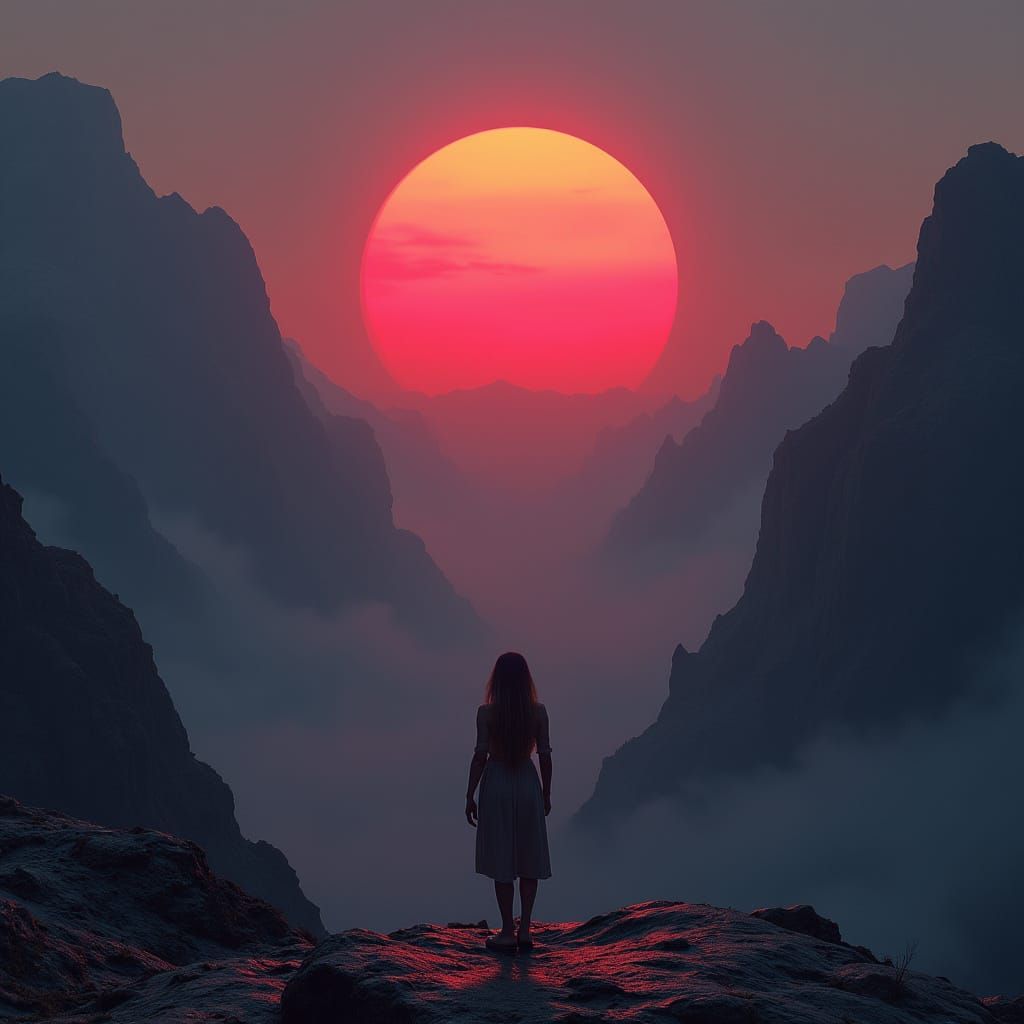 Dystopian Landscape with Red Sun and Dark Void