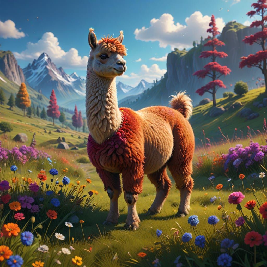 Alpaca in Vibrant Meadow: Fantastical Concept Art