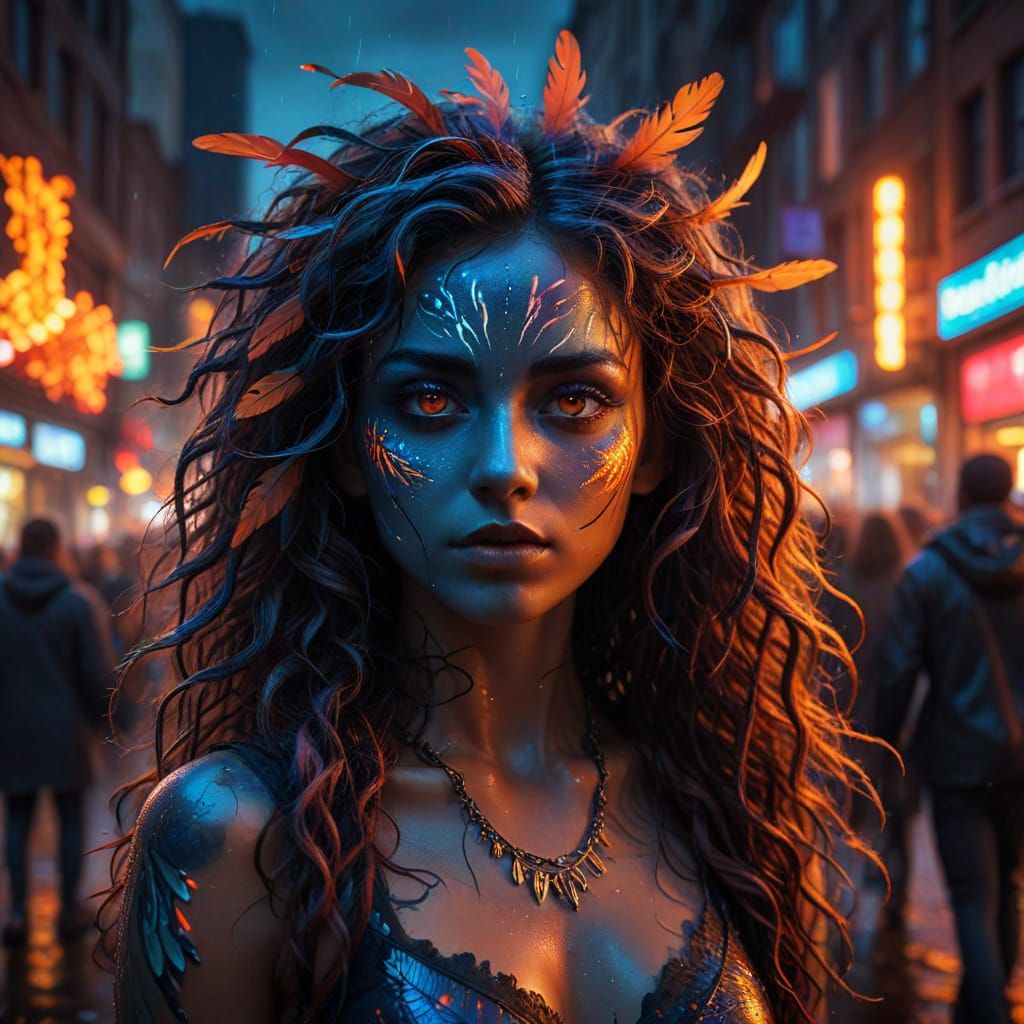 Enigmatic Urban Fantasy Goddess with Vibrant Feathers and Et...