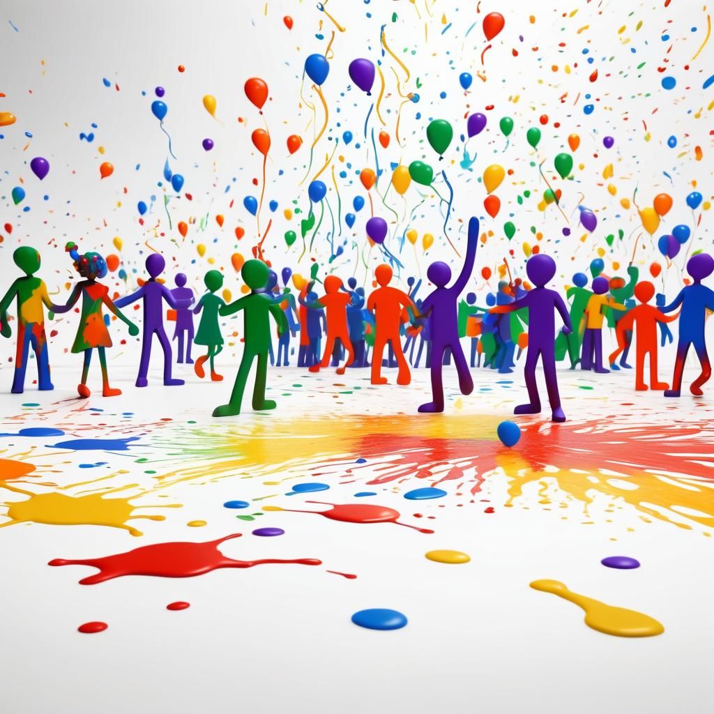 Stick Figure Party with Colorful Splash Art