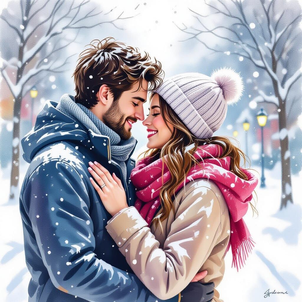 Tender Winter Embrace in Realistic Watercolor Style