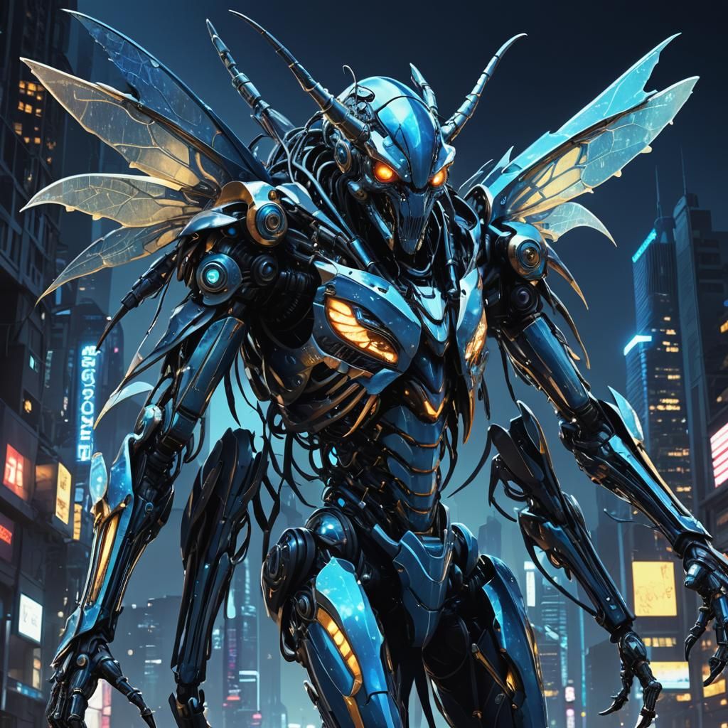 Cyborg Insectoid in Dark Metropolis: Digital Art