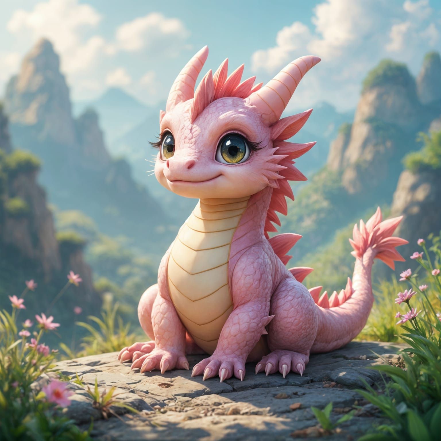 Whimsical Pastel Pink Dragon in Sunny Fantasy Wonderland