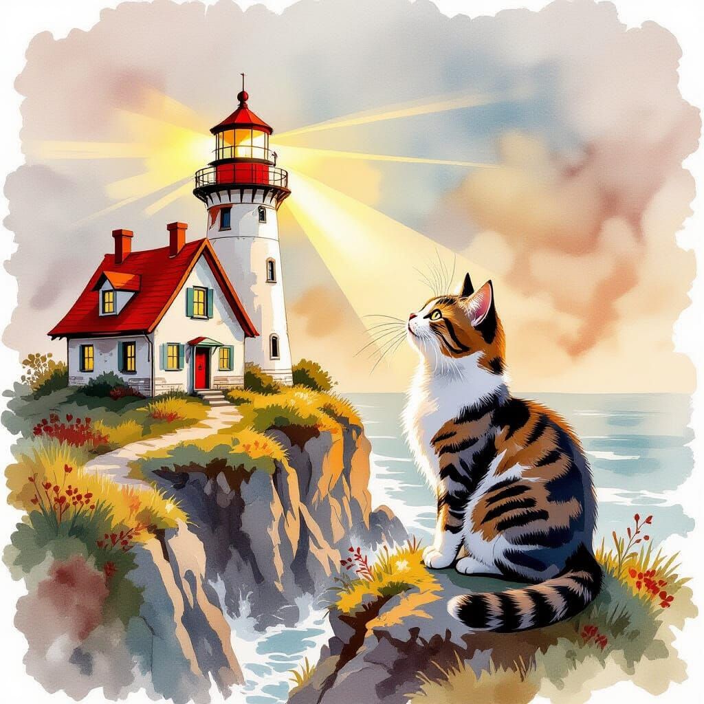 Whimsical Cat Reaching for Lighthouse Beam, Watercolor Style
