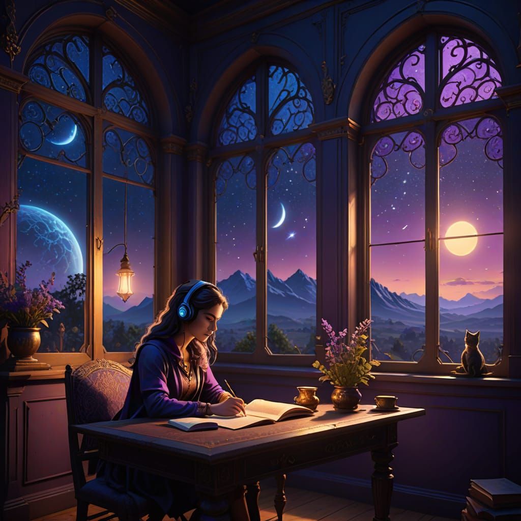 Dreamy Fantasy Study Scene with Comet and Cat