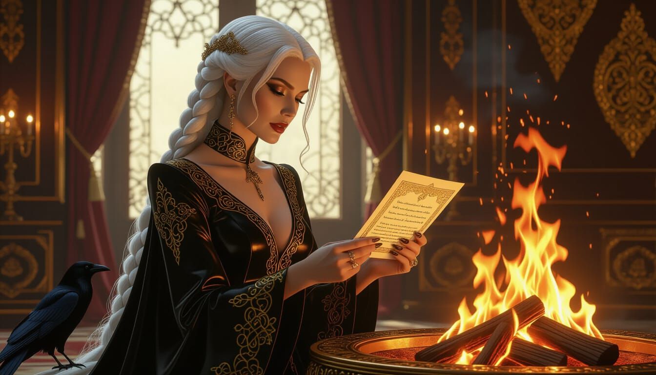 Woman in Gown with Raven, Photorealistic Style