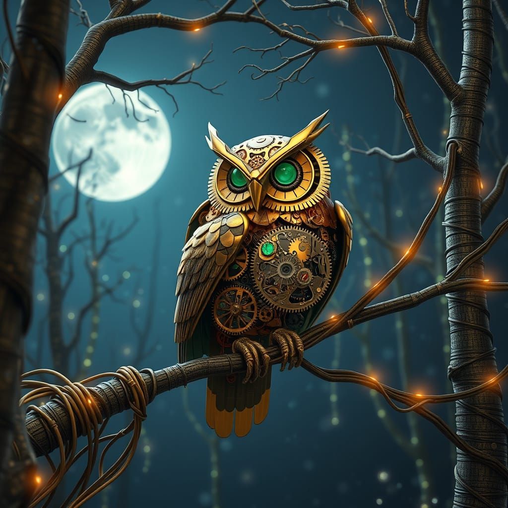 Clockwork Owl with Emerald Eyes in Steampunk Forest