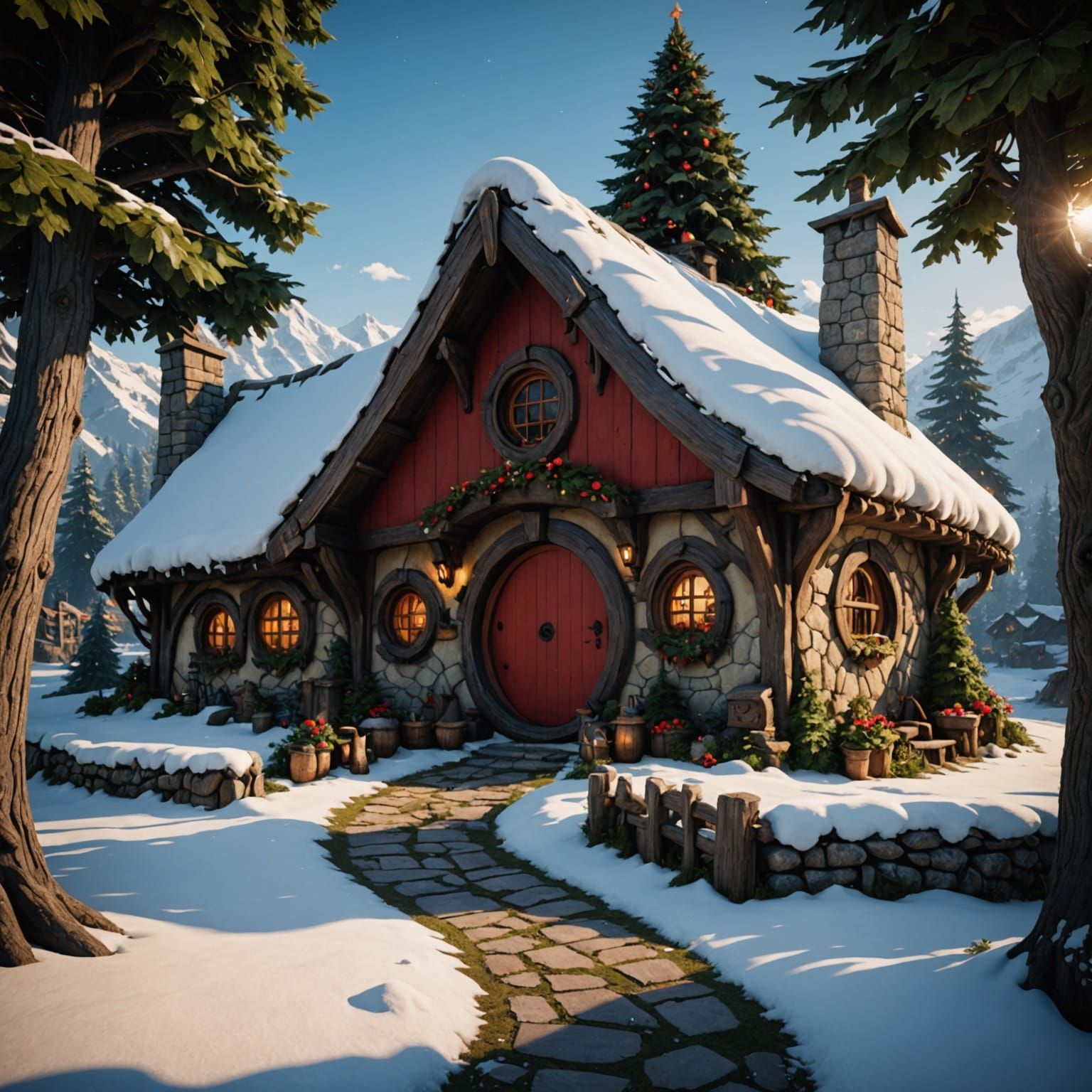 Hobbit House Christmas Scene in Epic 3D Game Style