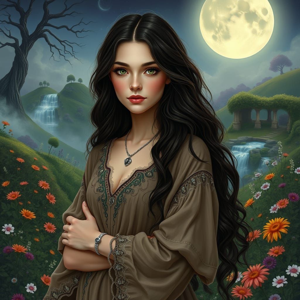 Enchanting Bohemian Goddess in Whimsical Moonlit Garden
