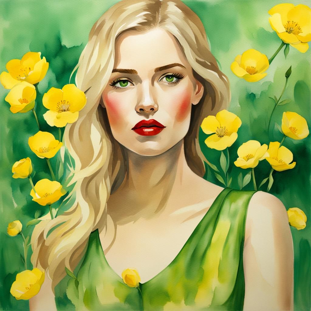 Portrait of Woman with Flowers in Watercolor Style