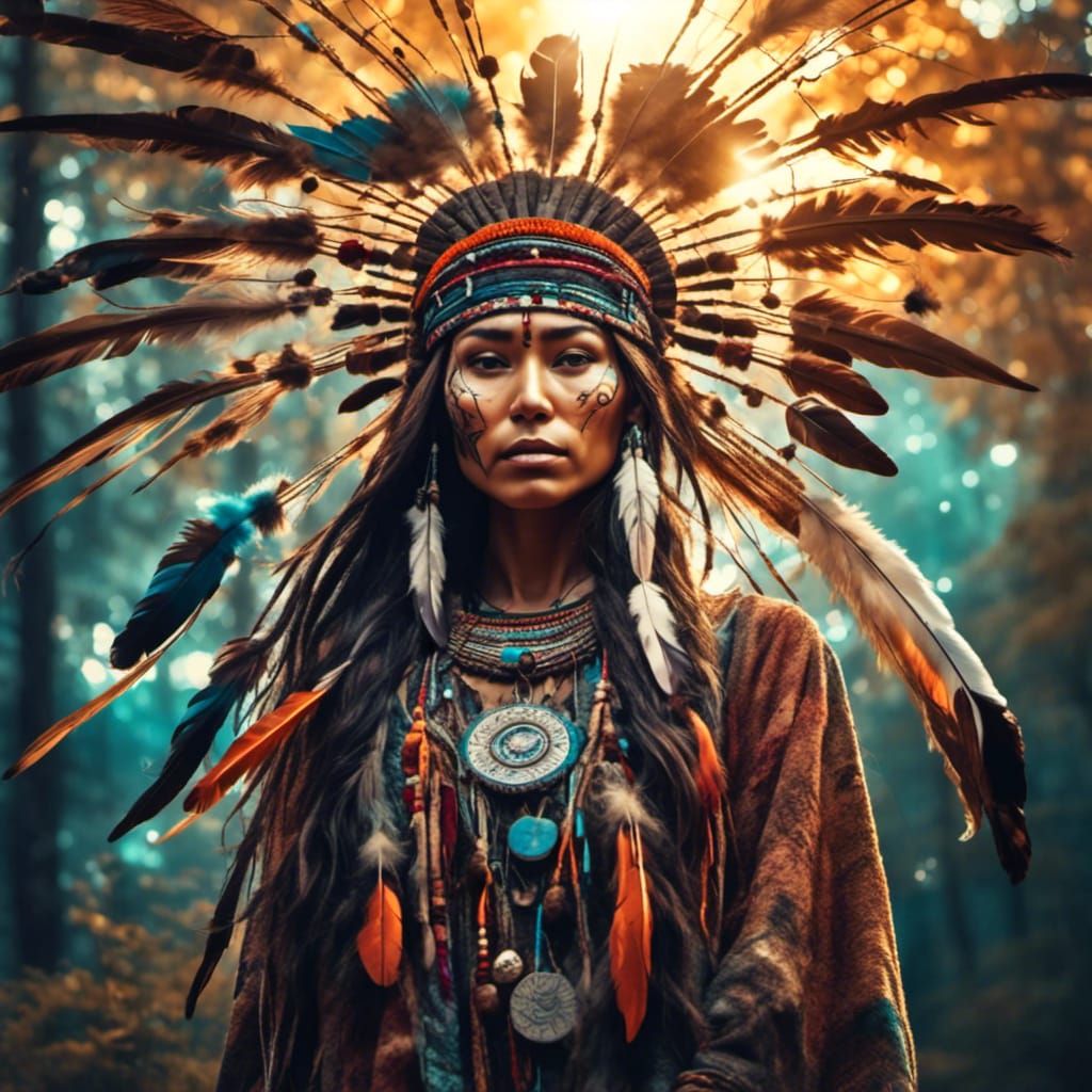 Enchanting Native American Woman Portrait in Ethnic Art Styl...