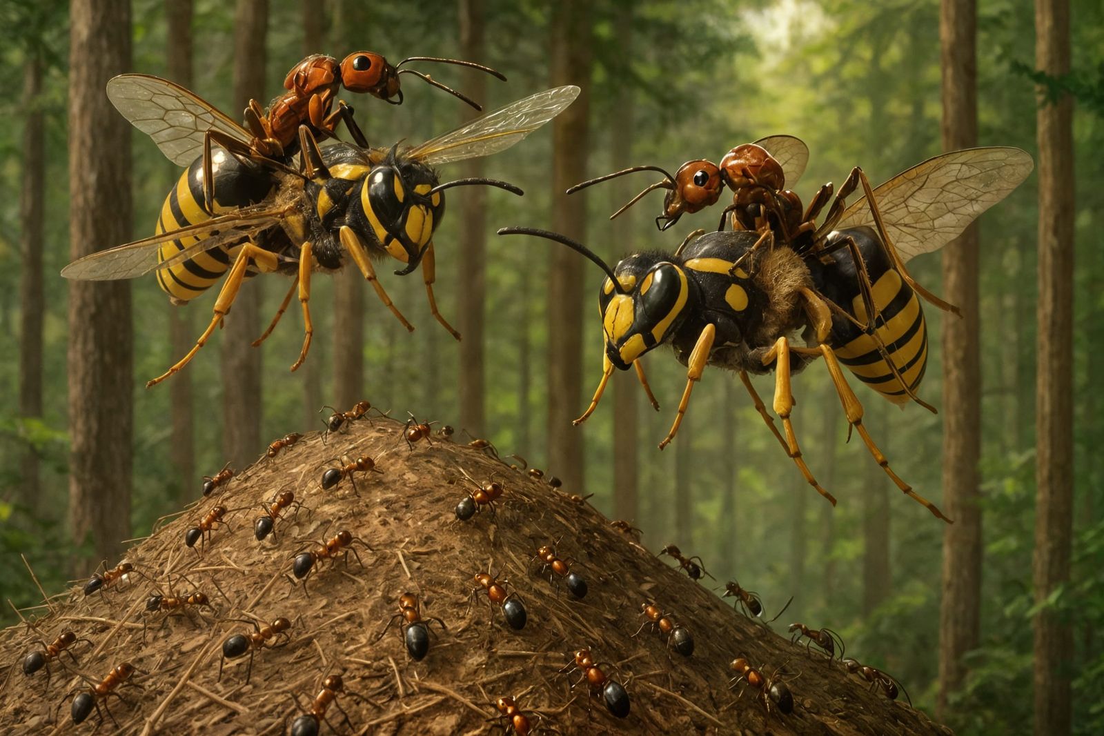 Ants Ride Wasps Through Forest