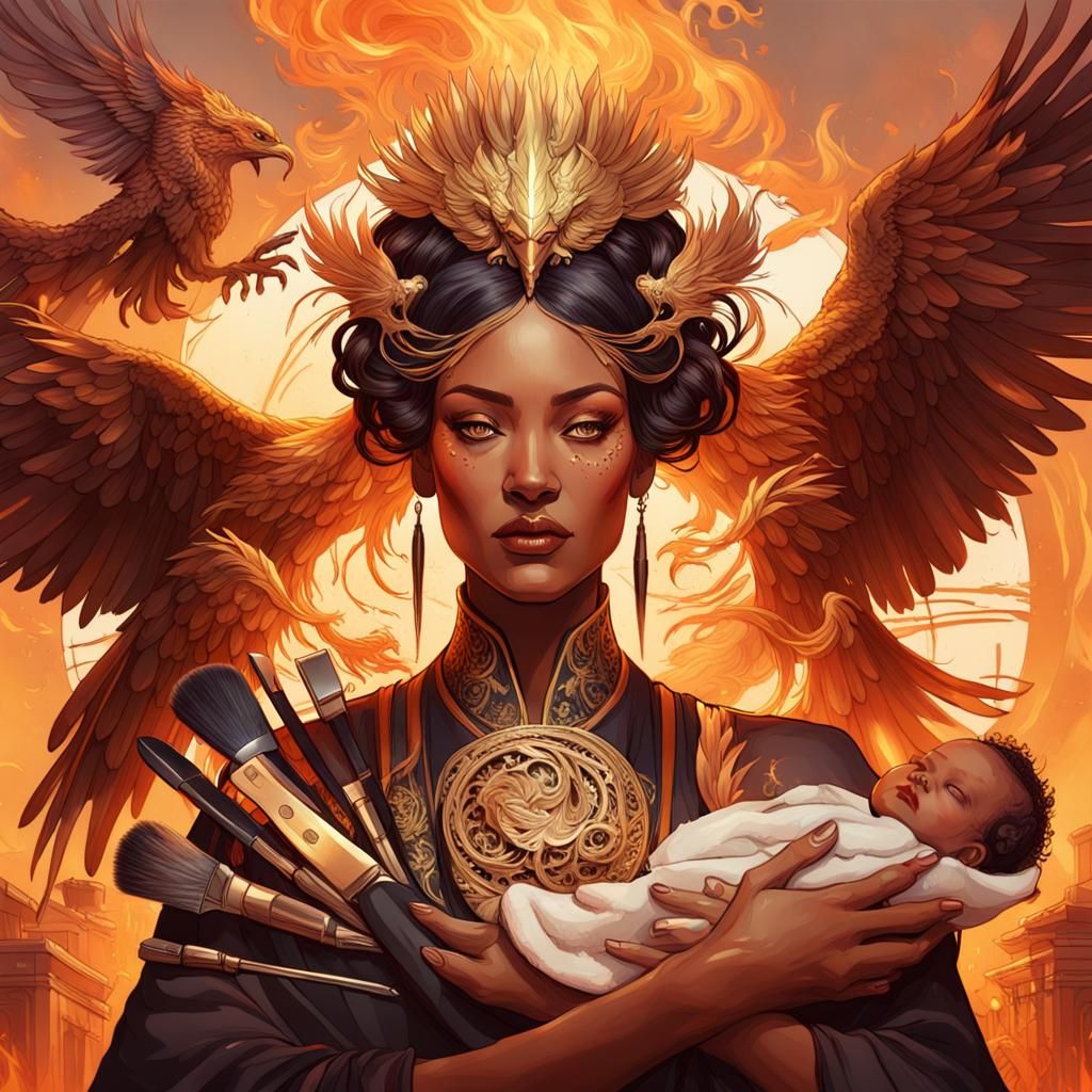 Empress and Baby Portrait with Phoenix in Art Nouveau Style