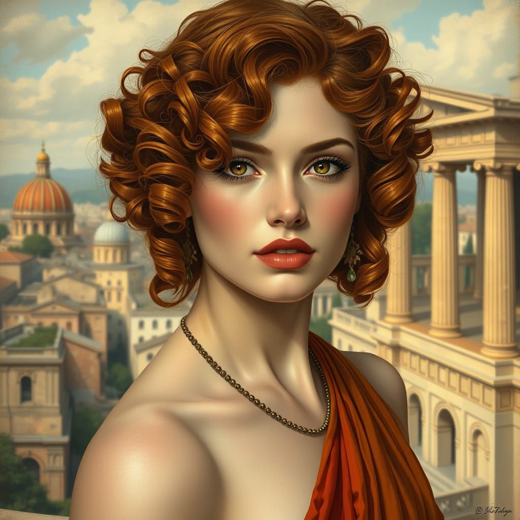 Auburn Haired Woman with Grecian Backdrop in Art Nouveau Sty...