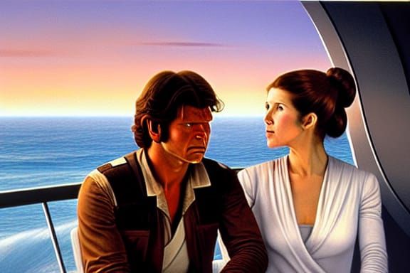 Han Solo and Leia Vacation on Starship, Oil Painting