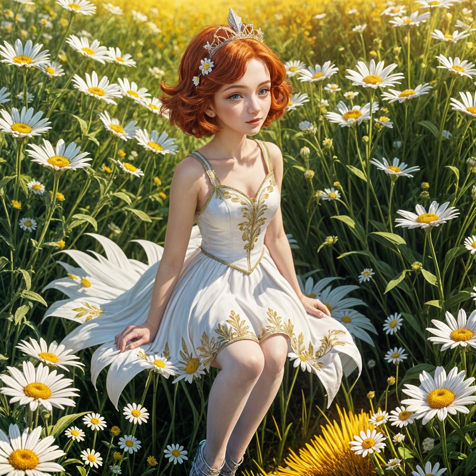 Red-Haired Princess in Daisy Field: 3D Digital Art