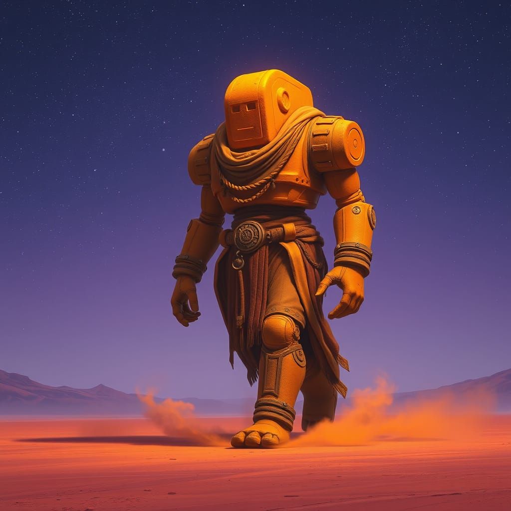 Ethereal Orange Golem Embarks on Desert Odyssey