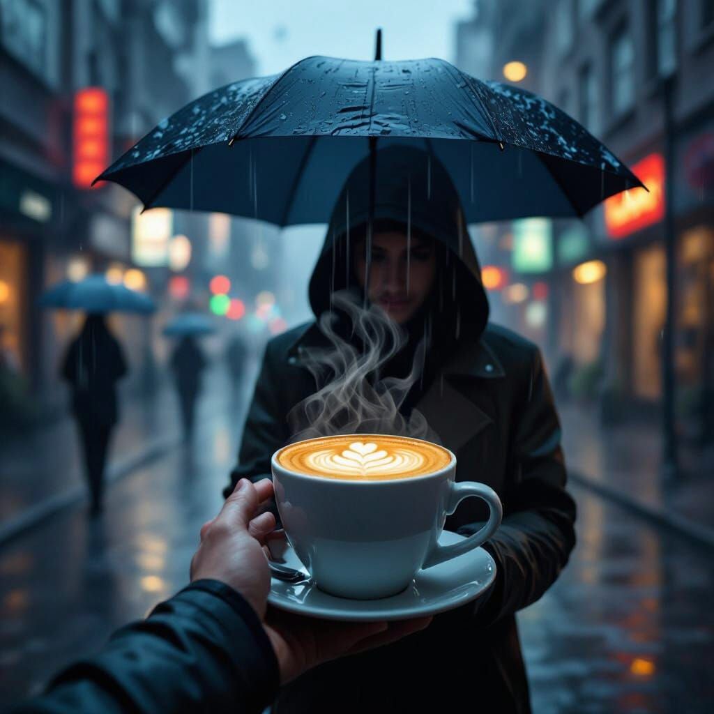 Steaming Latte in Rainy Cityscape, Cinematic Style