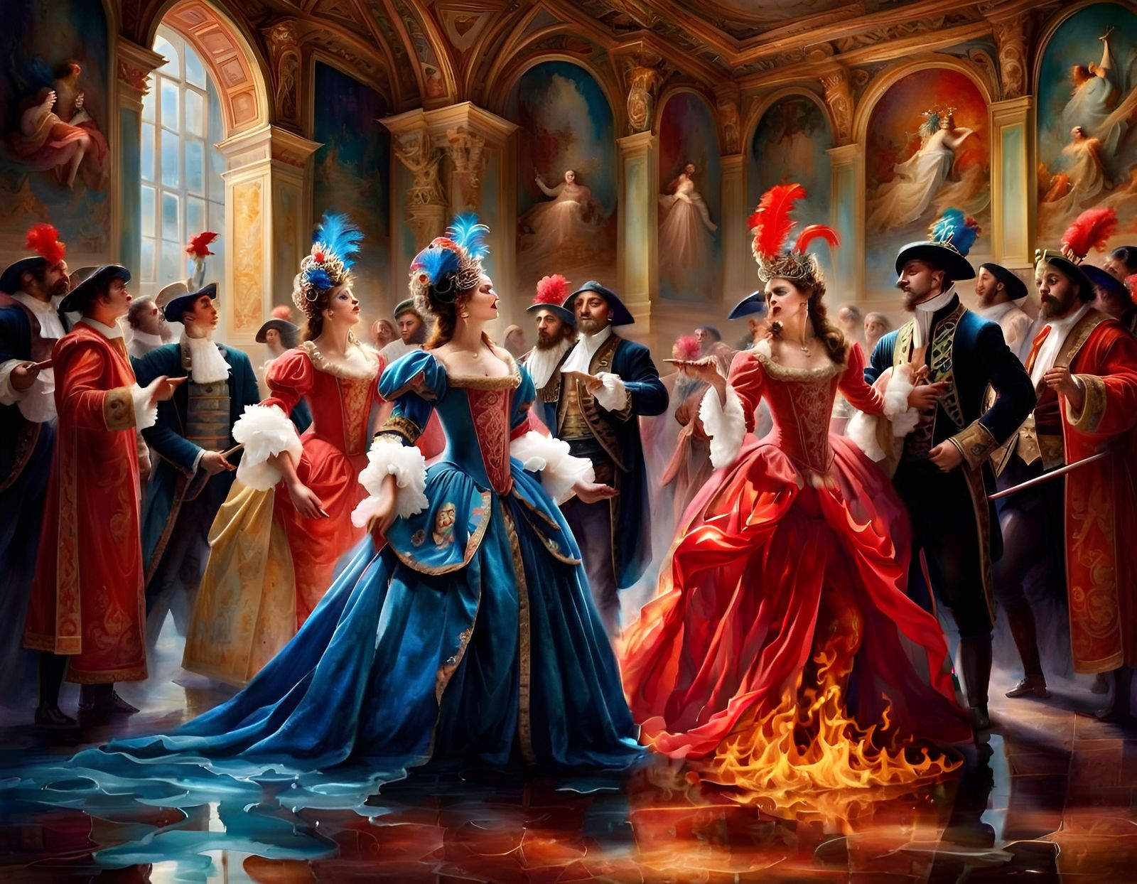 Dramatic Opera Scene with Venetian Masks in Watercolor