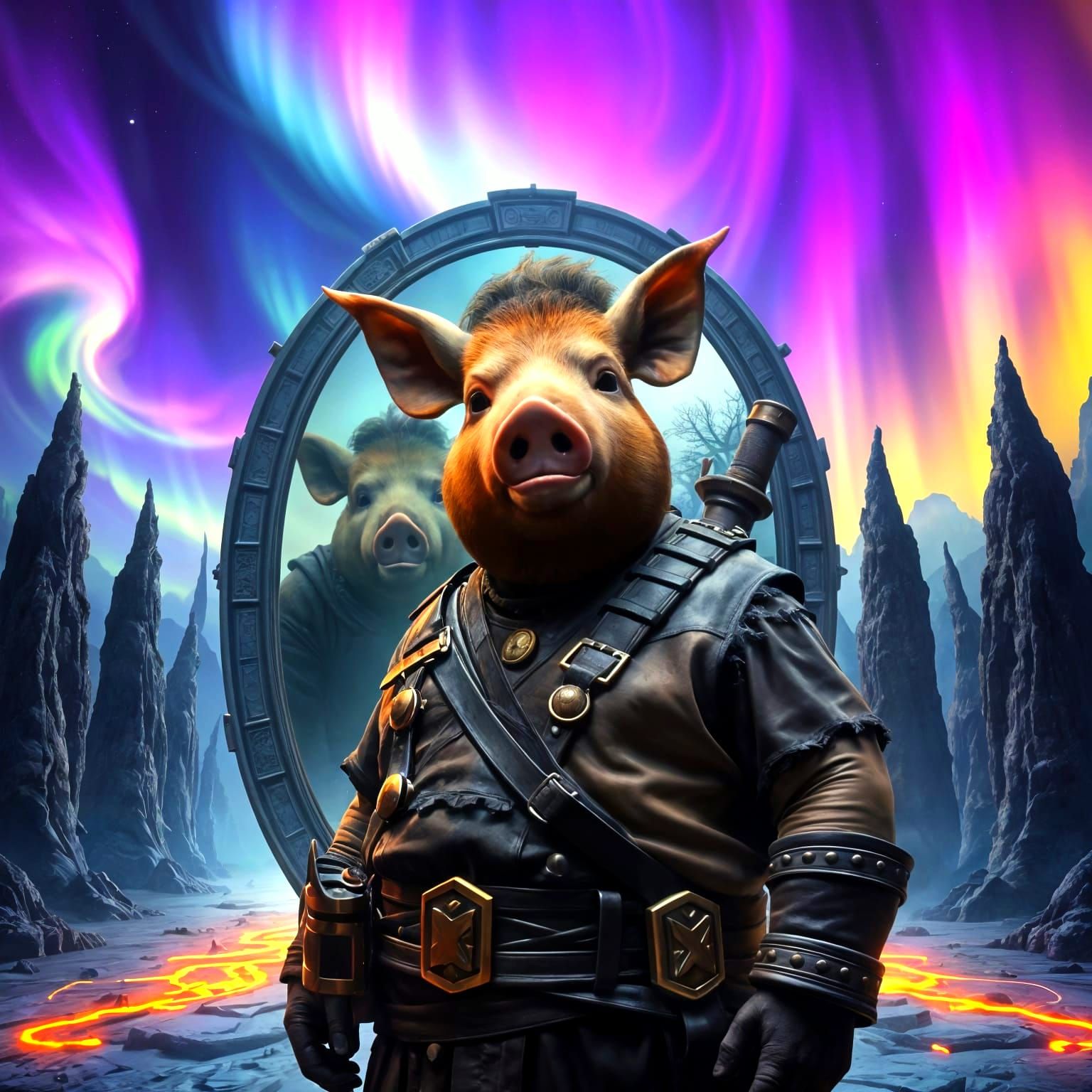 Man with Pig Head Reflected as Boar in Mirror