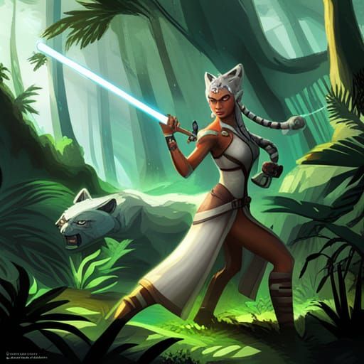 Ahsoka Tano Battles Alien Tiger in Solarpunk Jungle