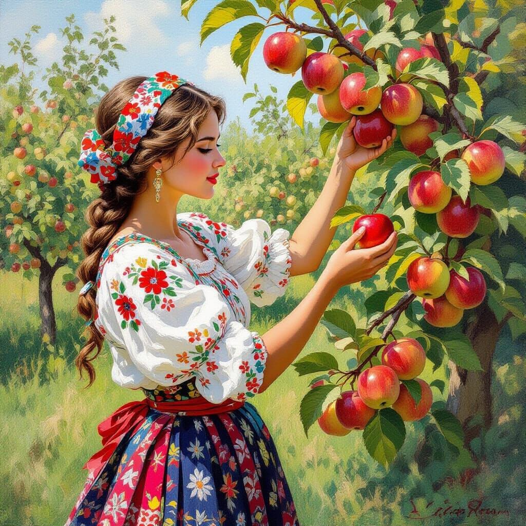 Ukrainian Woman Picking Apples in Impressionist Style