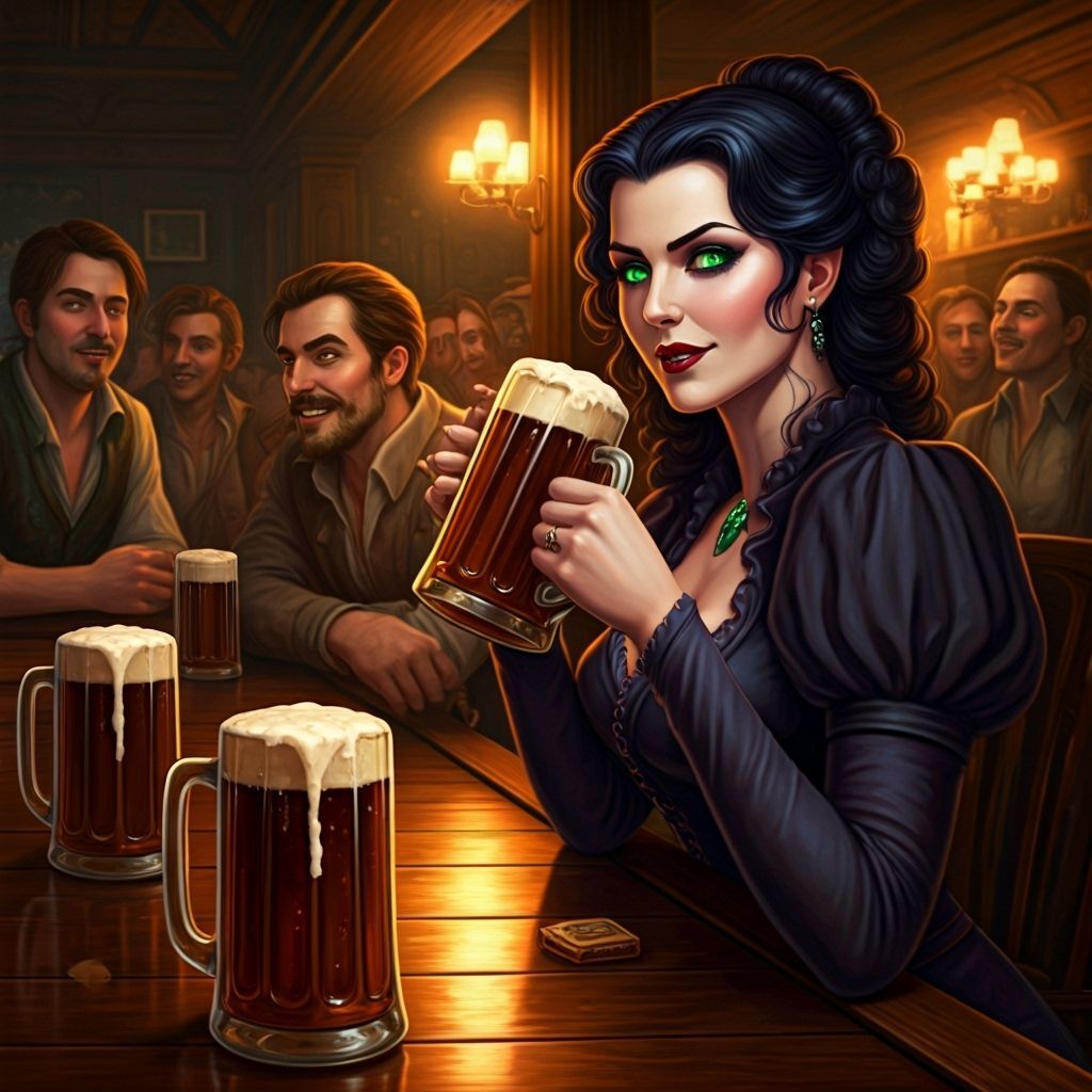 Cynical Witch Enjoys Dark Lager in Moody Bar Scene