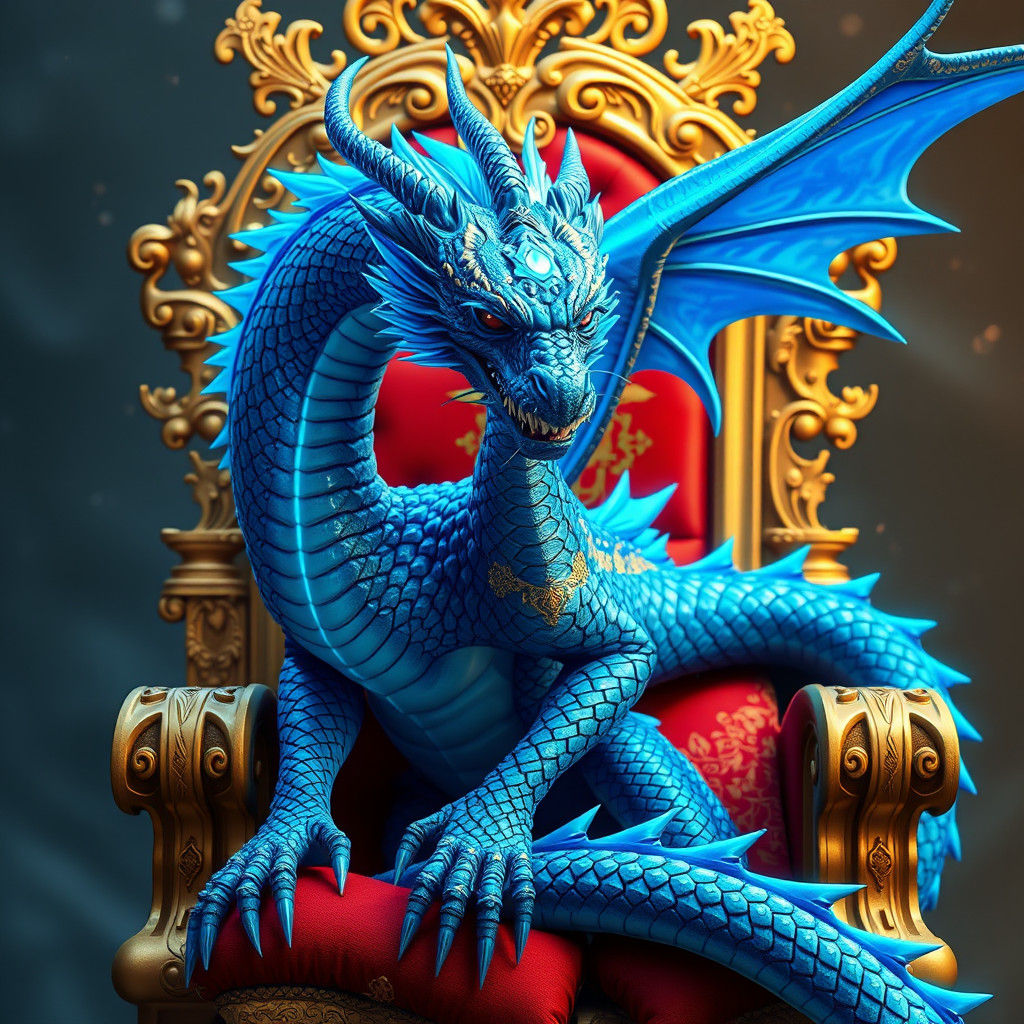 Majestic Blue Electric Dragon on Jeweled Gold Throne