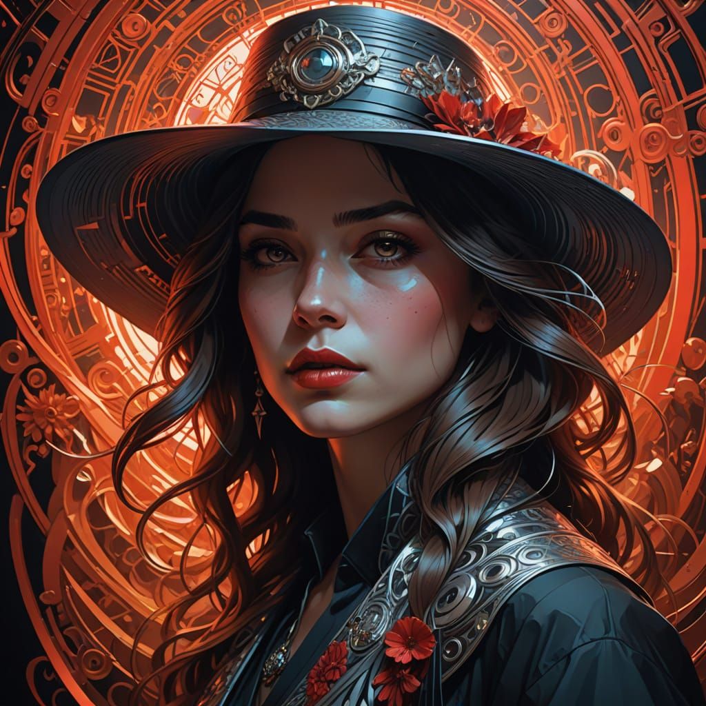 Moire Portrait: Woman in Hat with Optical Illusion Design