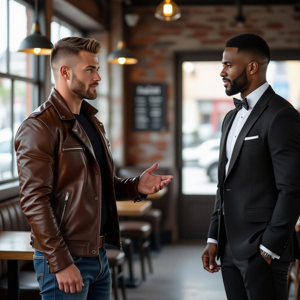 Realistic Cafe Scene with Men in Industrial Setting