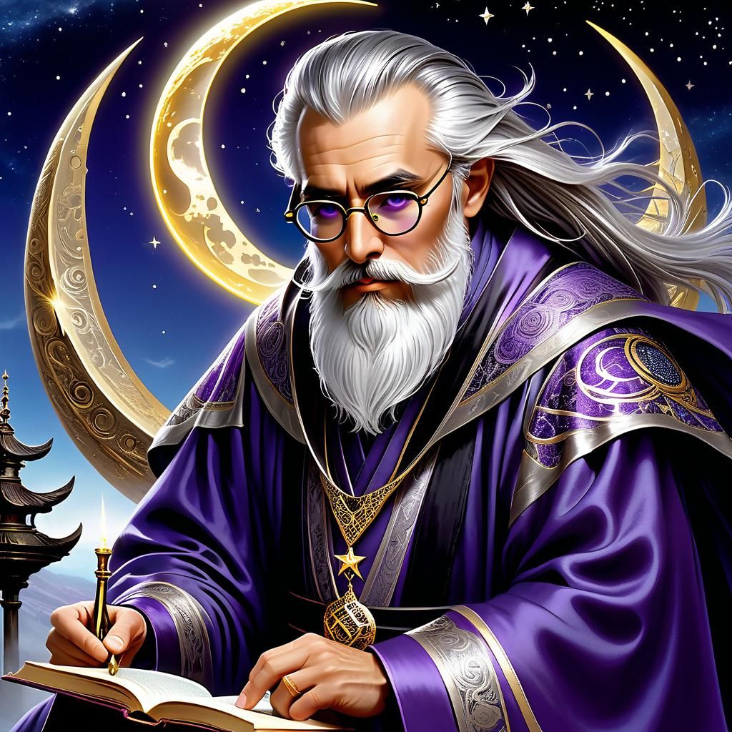 Wise Sorcerer Writing in Astral Ink, Classic Illustration
