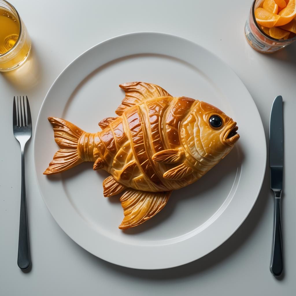 Cyberpunk Croissant Fish on White Plate