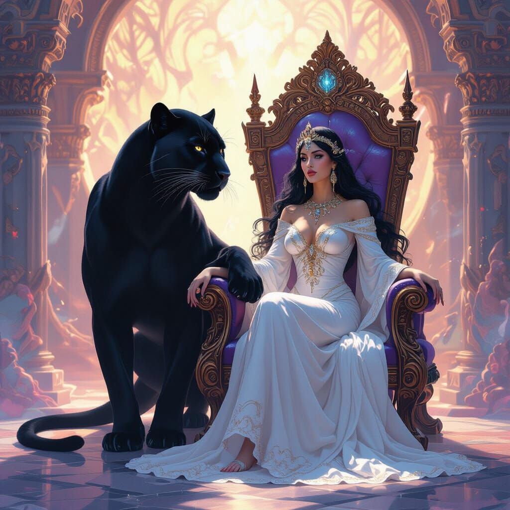 Ethereal Panther Goddess on Ornate Throne