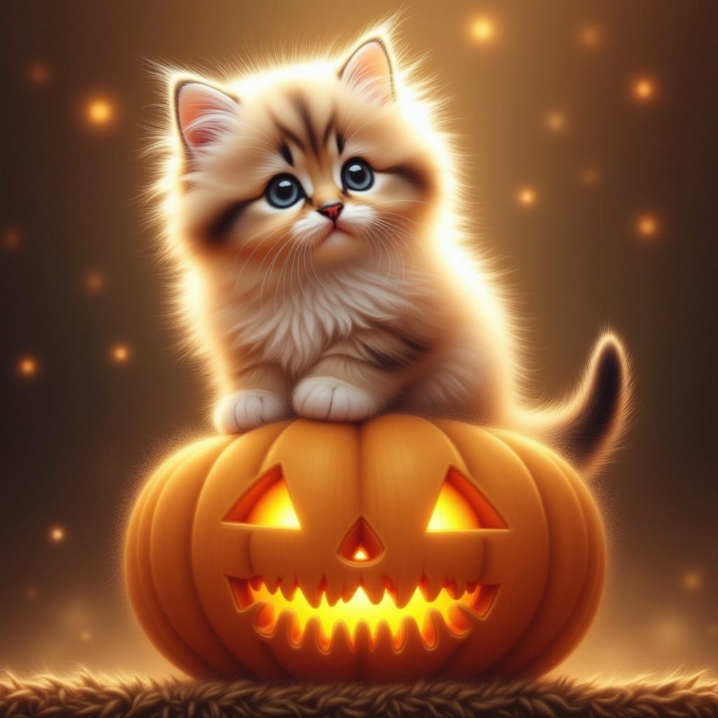 Fluffy Kitten on Jack O'Lantern