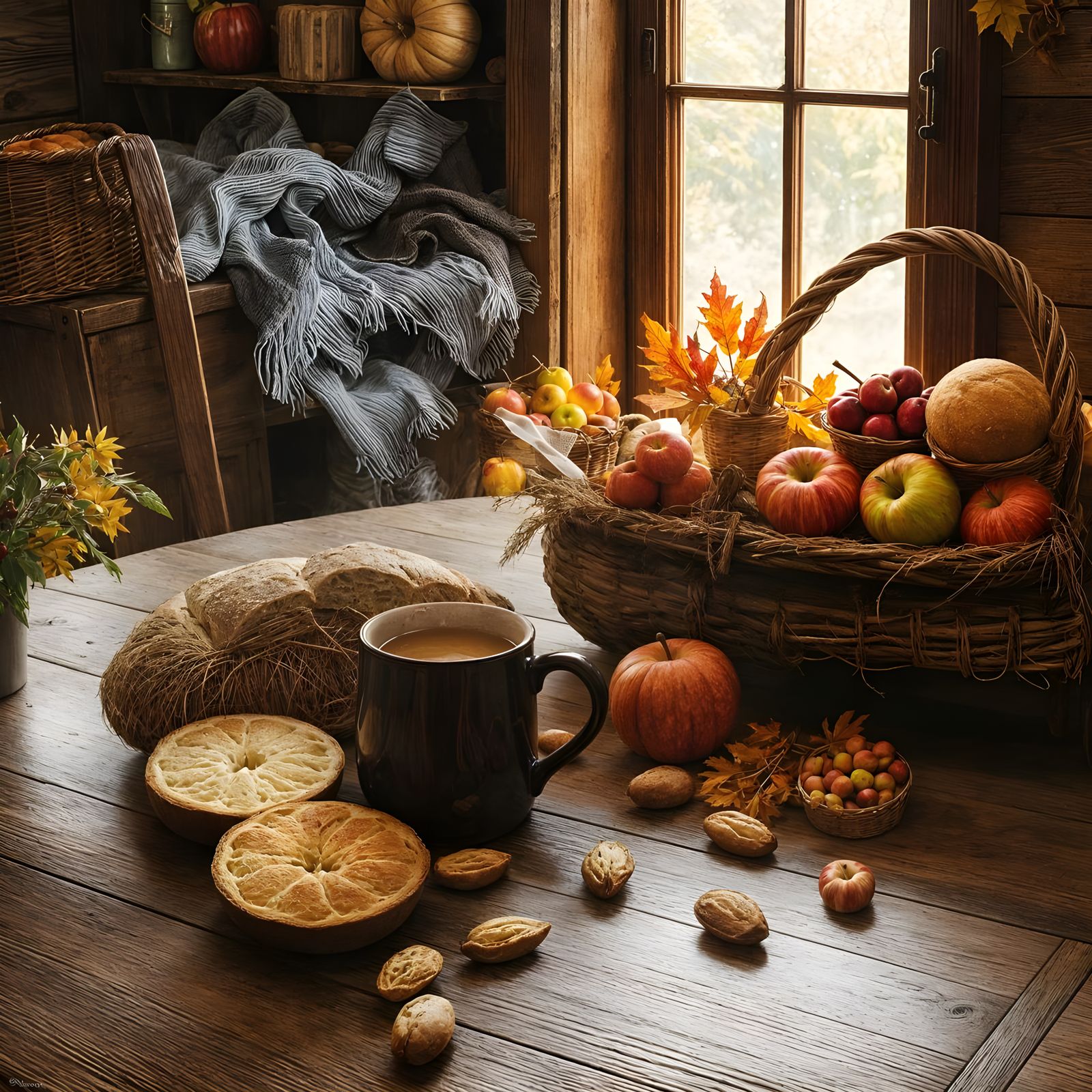 Cozy Autumn Harvest Scene With Rustic Table Setting