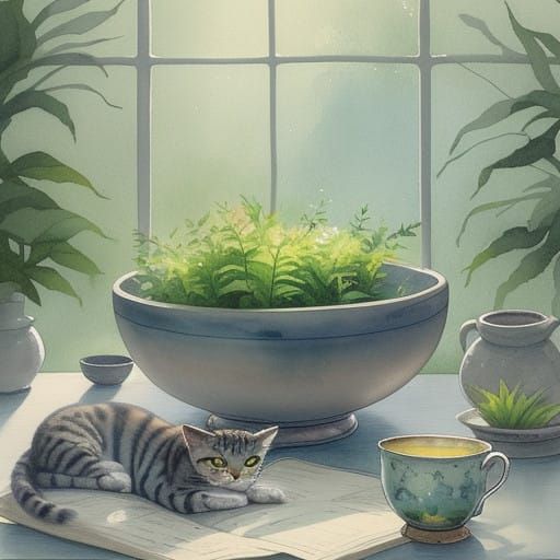 Whimsical Cat Drinks from Delicate Bowl in Serene Garden