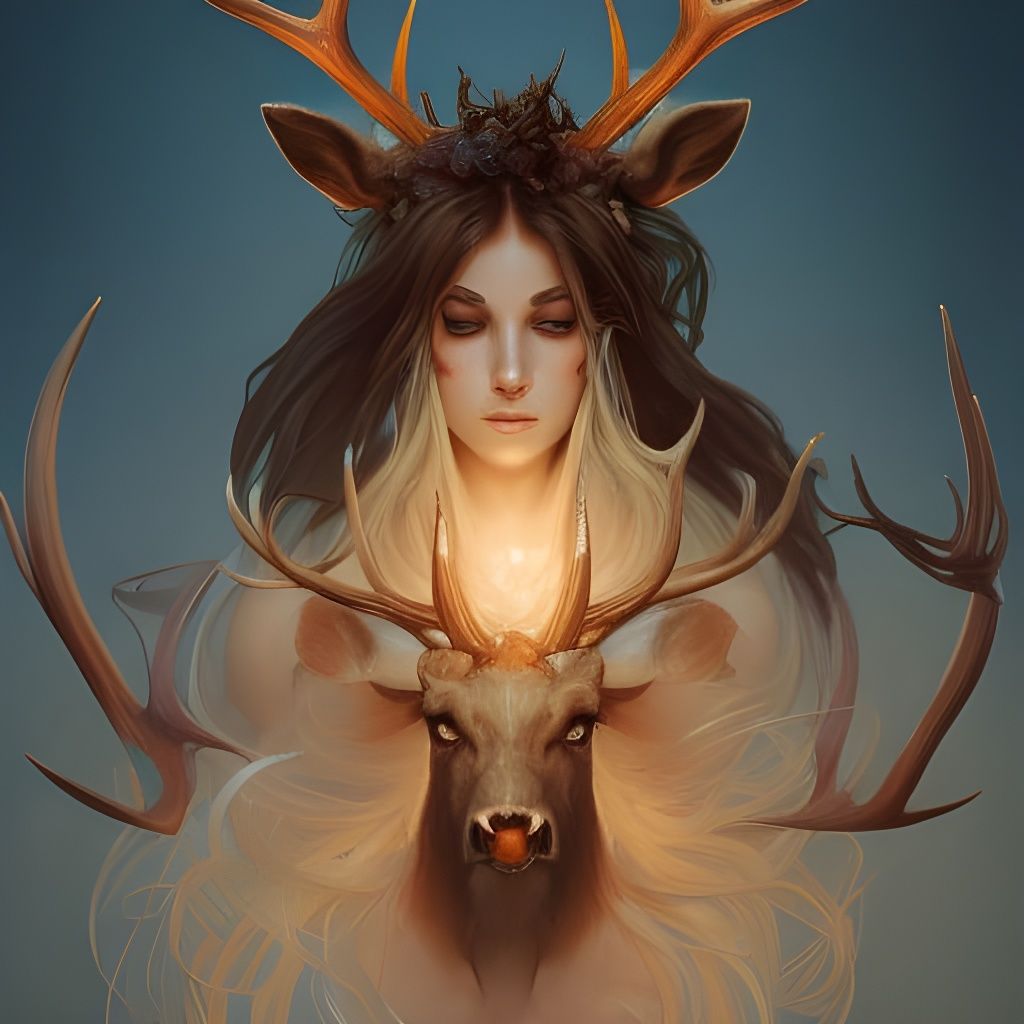 Demonic Elk Goddess Portrait in Splash Art Style