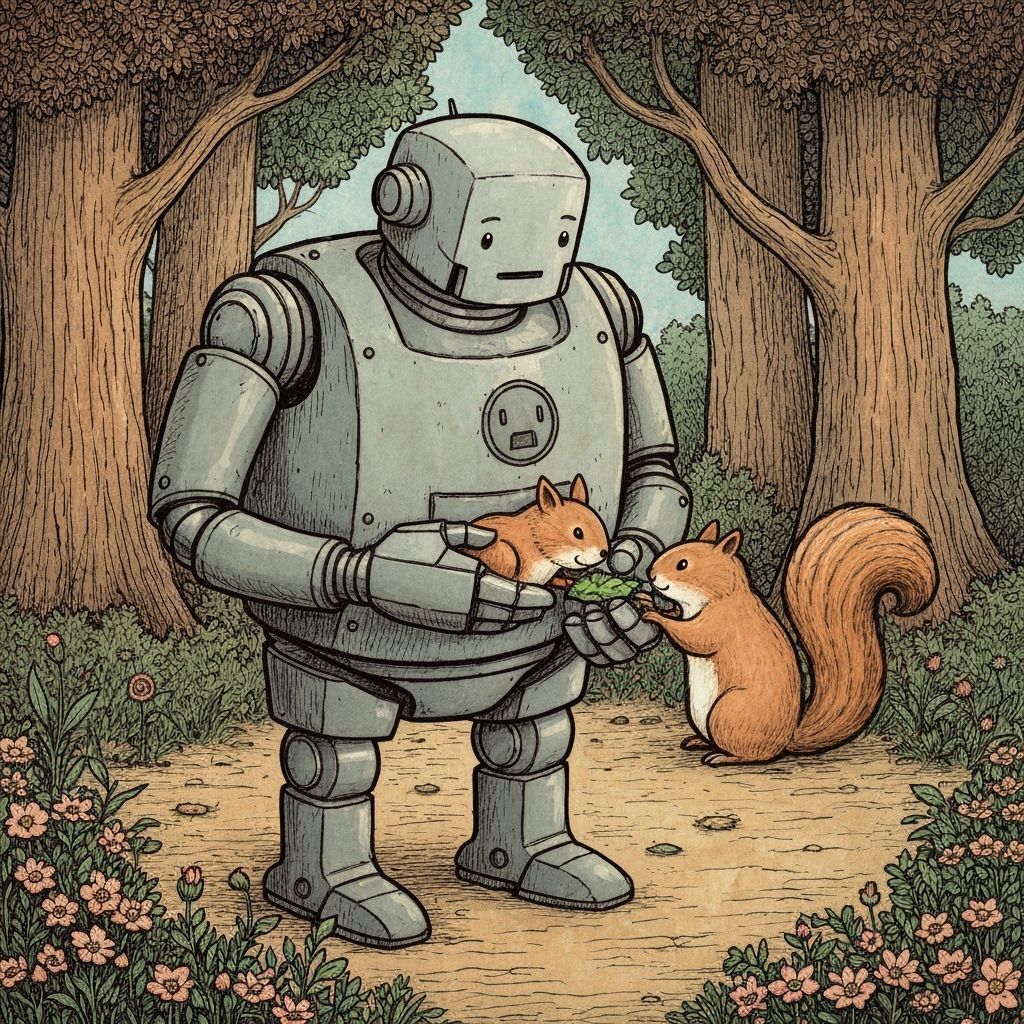 Robot Feeds Squirrel in Whimsical Forest Storybook Style