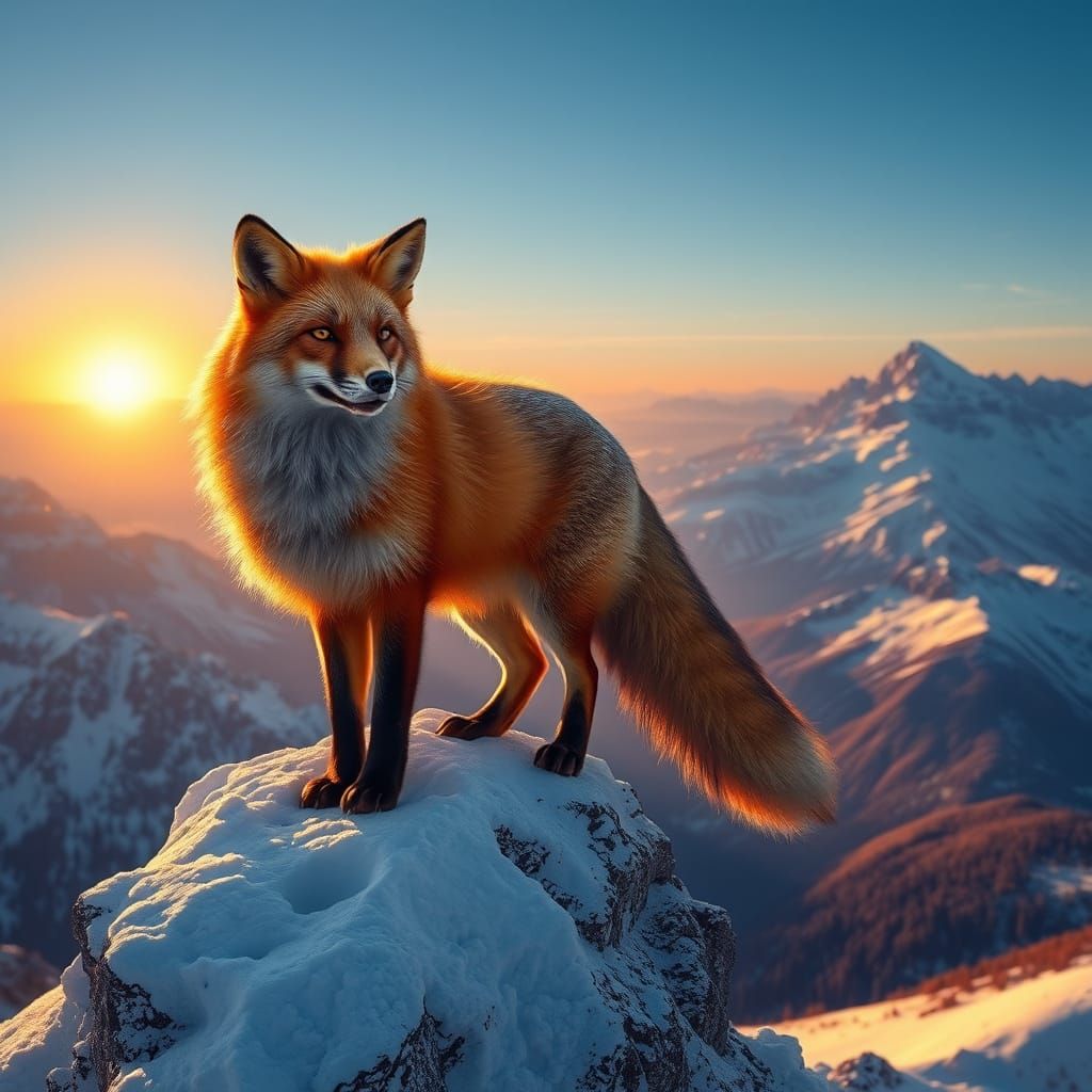 Red Fox on Snowy Peak at Sunrise