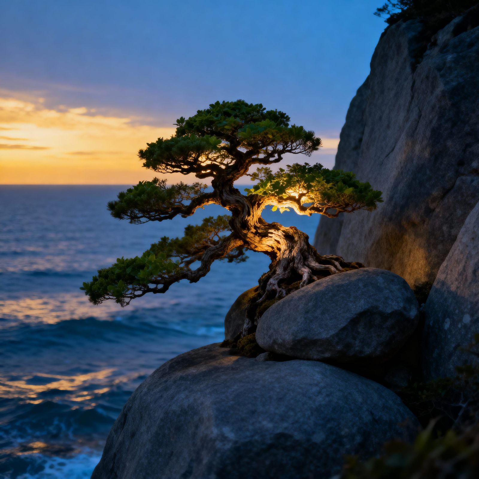 Ancient Bonsai Tree Overlooking Calm Ocean at Twilight