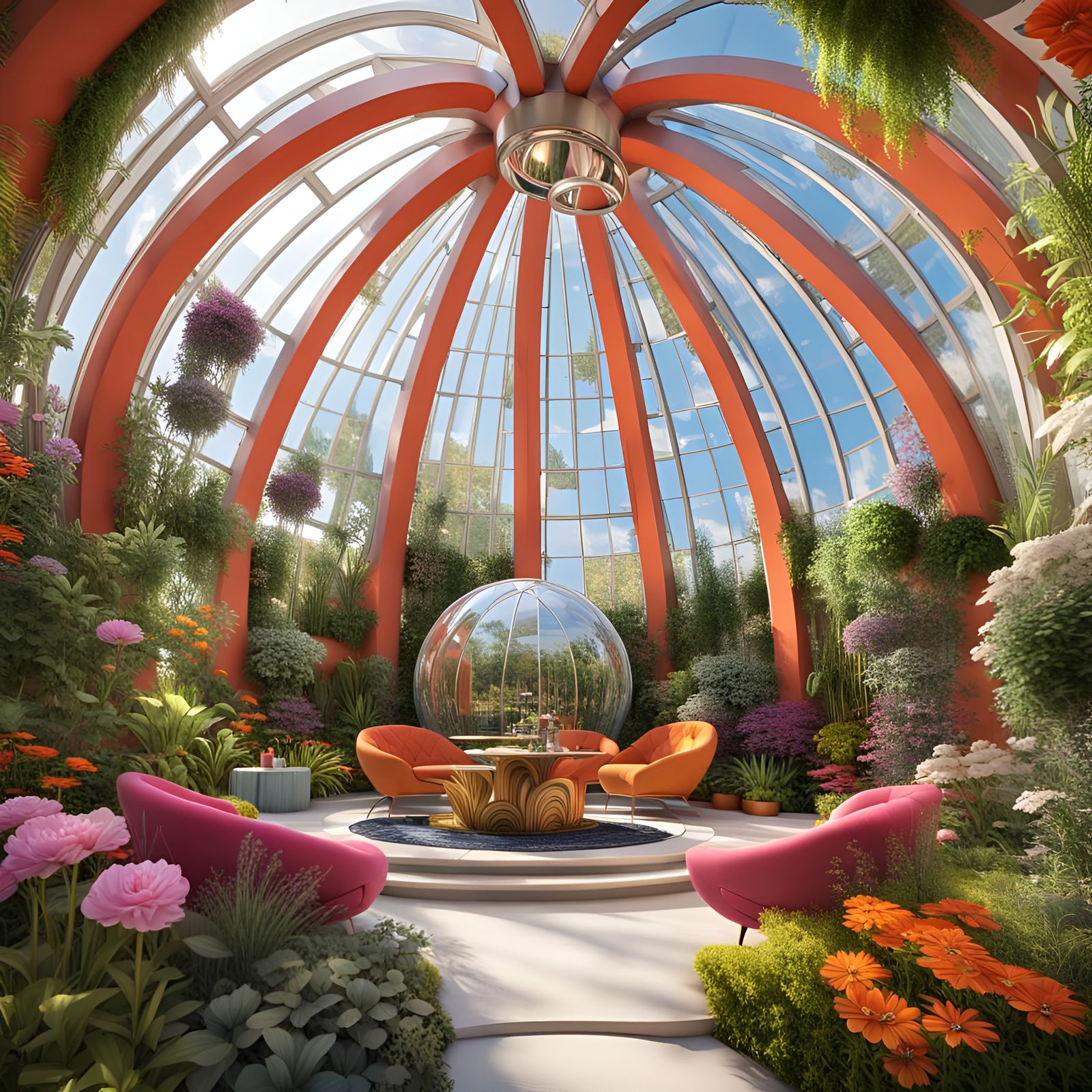 Futuristic Maximalist Garden Dome with Vivid Flora