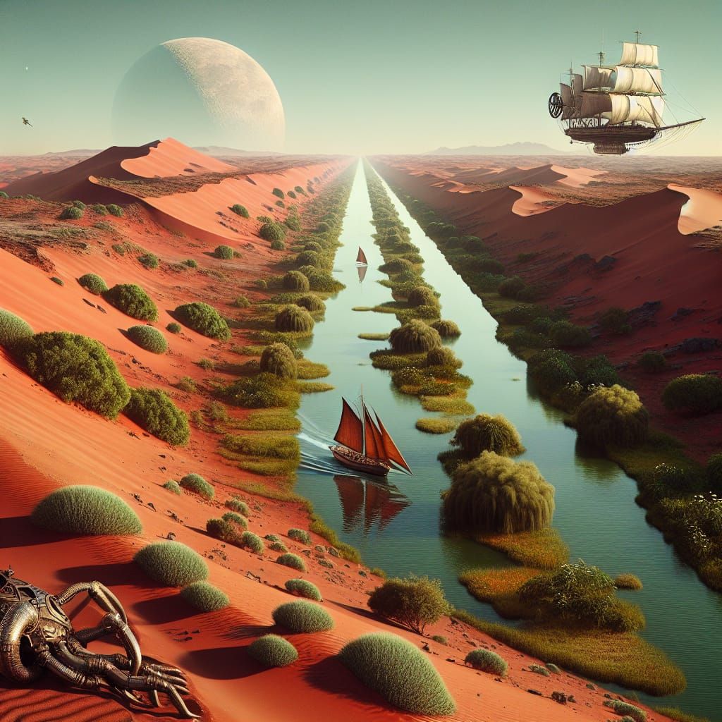 Victorian Steampunk Airship Soars Above a Lush Martian Canal