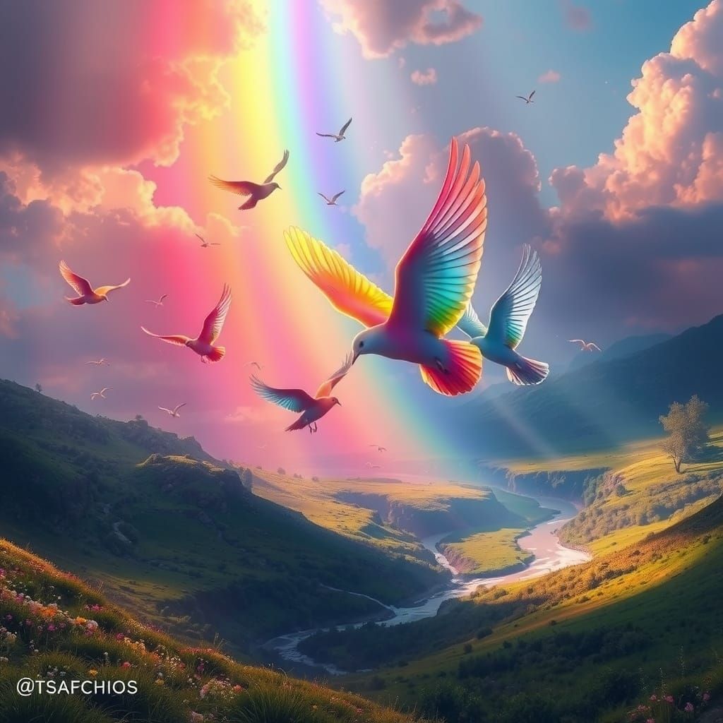 Vibrant Birds Embedded in Rainbow Meadow